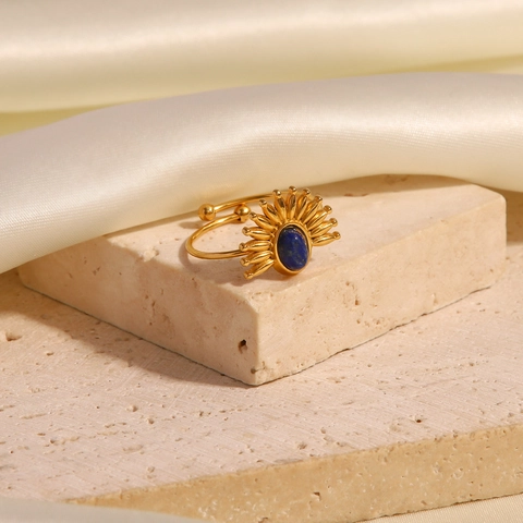 Anello Aperto in Acciaio Inossidabile Placcato Oro 18K Vintage Francese Con Lapislazzuli Intarsiato Anello di Moda Regolabile Gioielli per Donna