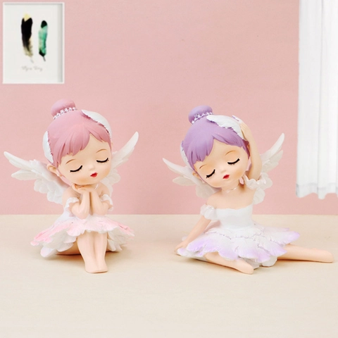 Graziosa Statuina Angelo Ragazza Di Balletto Resina Vinile Ala Piuma Ornamento Scrivania Arredo Interno Auto Torta Regalo