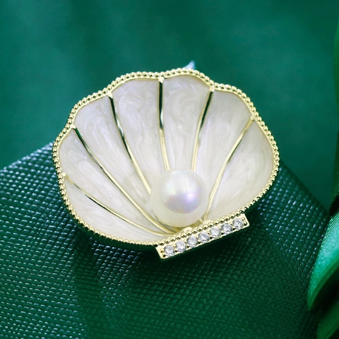 Broche de Concha Vintage Francés para Mujer Elegante Broche de Esmalte con Diamantes de Imitación y Perla Artificial Concha Oro Joyería