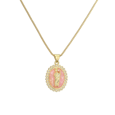 Religious Saint Figure Pendant Necklace Gold Plated Copper With Zircon Oval Mother Of Artificial Pearl Enamel Medallion