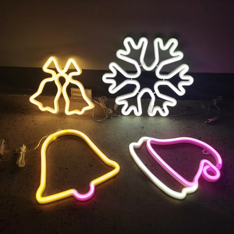 Noël LED Néon Enseigne Lumineuse Flocon De Neige Étoile Renne Cloche Forme Batterie USB Alimenté Vacances Décoration Chambre