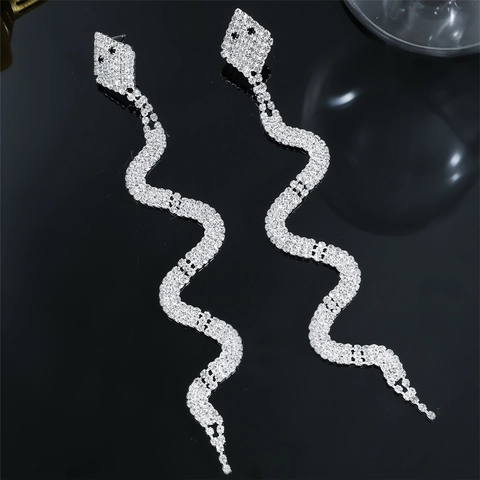 Rhinestone Snake Long Tassel Drop Earrings Copper Alloy Sparkling Statement Jewelry For Women Wedding Party Fashion