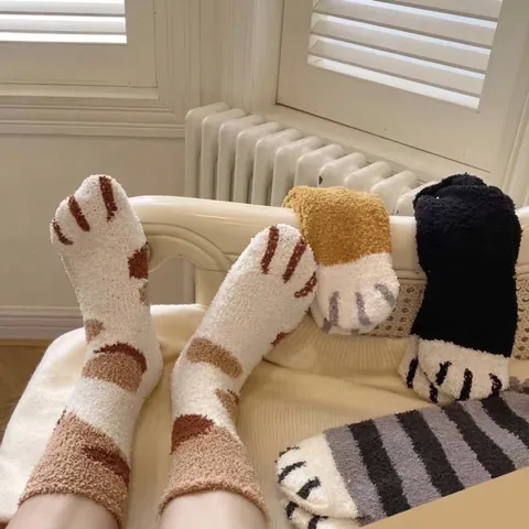 Cute Cat Paw Coral Fleece Socks Thick Warm Winter Indoor Floor Sleeping Socks For Women Sweet Animal Style