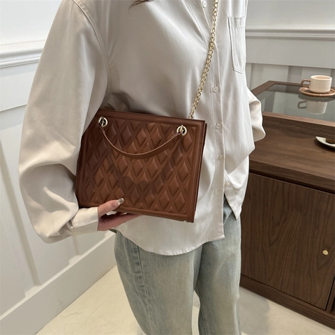 Borsa A Spalla Trapuntata Da Donna Pelle PU Motivo A Rombi Catena Dorata Grande Capacità Borsa Alla Moda
