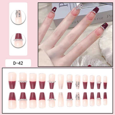 Wine Red French Press On Nails Rhinestone Coffin Shape Artificial Fake Nails Glossy Sweet Style For Women