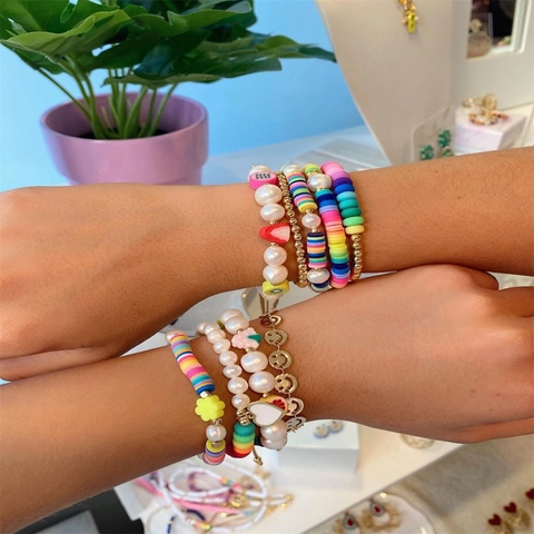 Handmade Rainbow Beaded Bracelet Freshwater Pearl Polymer Clay Fruit Charm Smiley Face Adjustable Wax Cord Bohemian Style