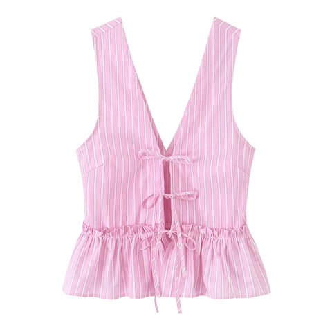 Gestreepte Dames Mouwloze V-Hals Peplum Top En Shorts Met Strikjes Roze Wit Zomer Outfit Casual Streetwear