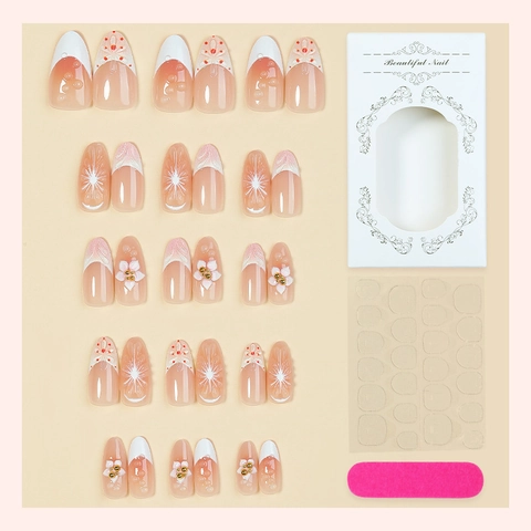Mandel Aufpressnägel Französisch Nude Rosa Weißer Verlauf 3D Geprägte Blumen Künstliche Nägel Für Frauen Elegante Maniküre