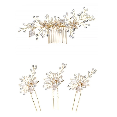 Fermaglio E Pettine Per Capelli Da Sposa Fatto A Mano Lega Foglia Finta Perla Artificial Rhinestone Copricapo Floreale Per Donne