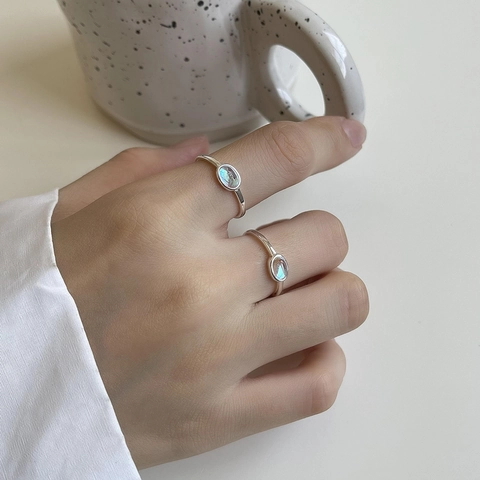 Minimalistischer 925 Sterling Silber Verstellbarer Ring Ovaler Mondstein Zirkon Koreanischer Stil Damen Schmuck