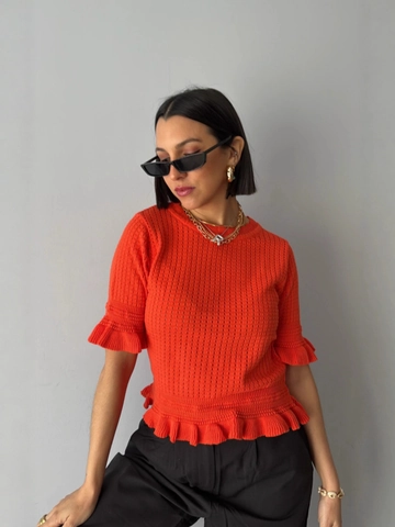Women Ruffle Trim Knit Top Short Sleeve Round Neck Solid Color Casual Hollow Texture Sweater Shirt Tee