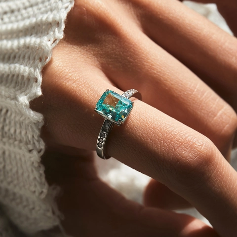 Ring 925 Sterling Silber Smaragdschliff Grünblau Zirkonia Luxus Geometrischer Schmuck Für Frauen Elegantes Geschenk
