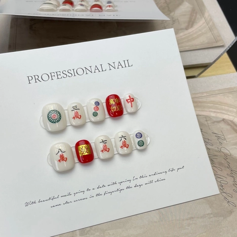 Handmade Press On Nails Mahjong Theme Chinese Traditional Style Red White Gold Luxury Reusable Manicure For Women