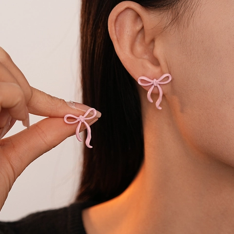Bowknot Stud Earrings With 925 Sterling Silver Earring Post Alloy Lacquer Sweet Style Versatile Jewelry For Women