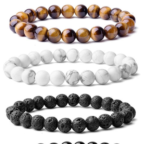 Natural Stone Beaded Bracelet Lava Rock Hematite Tiger Eye Amethyst Elastic Stretch Healing Handmade Neutral Jewelry