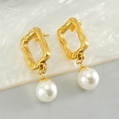 Orecchini Pendenti Geometrici Vintage Francesi In Acciaio Inossidabile Placcato Oro Martellato Con Perla Artificial Rotonda Per Donne