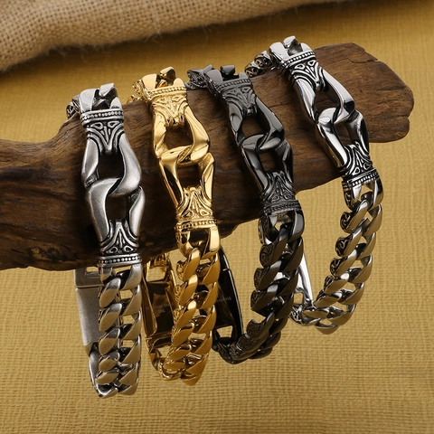 Pulsera Para Hombre De Acero Inoxidable 316L Vintage Con Grabado De Tótem Cadena De Eslabones Cubanos Estilo Punk Biker
