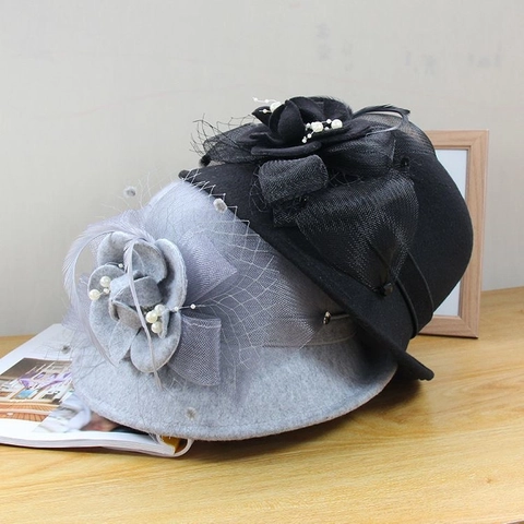 Dames Vintage Wollen Vissershoed Elegant Bloem Parel Gaas Decoratie Warme Herfst Winter Hoed Voor Feest Banket