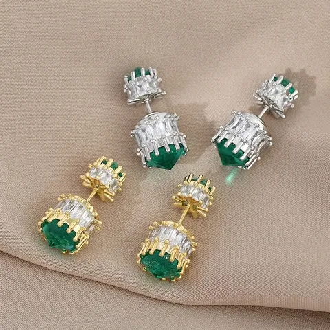 Elegant Emerald Green Stone Geometric Two-Way Wear Stud Earrings With 925 Sterling Silver Earring Post Copper Rhinestone Jewelry