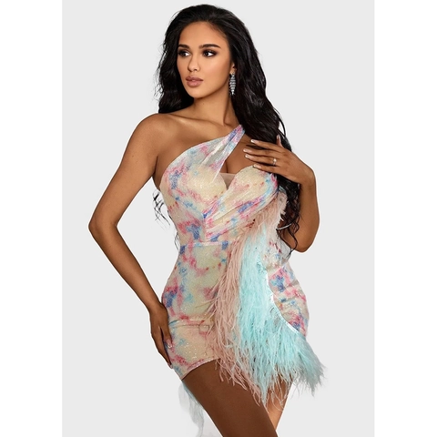 One-Shoulder Pailletten Feder Minikleid Sexy Bodycon Bunt Party Abend Club Kleid Damen Polyester