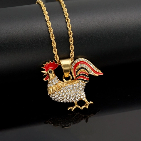 Collar Con Colgante De Gallo Acero Inoxidable 316 Diamantes De Imitación Esmalte Hip Hop Joyería