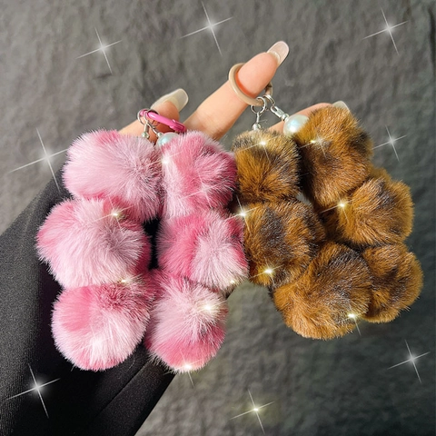 Leopard Print Plush Fur Ball Phone Strap Bag Charm Wristlet Accessory With Faux Artificial Pearl