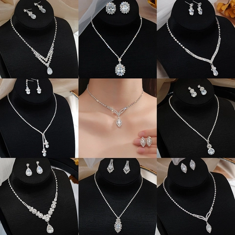 Zirkon Strass Halskette Und Ohrringe Mit Silver Earring Post Für Frauen Braut Hochzeit Schmuck Elegant Marquise