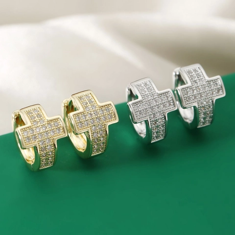 Kreuz Hoop Ohrringe Kupfer Mikro Pave Zirkonia Iced Out Hip Hop Stil Mode Hängeschmuck Für Frauen