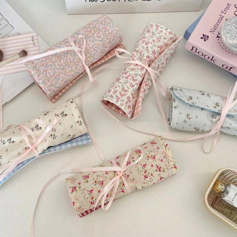 Rotolo Portapennelli Da Trucco Floreale Organizzatore Di Cosmetici Da Viaggio In Tessuto Con Nastro Fodera Gingham Tasca Con Zip
