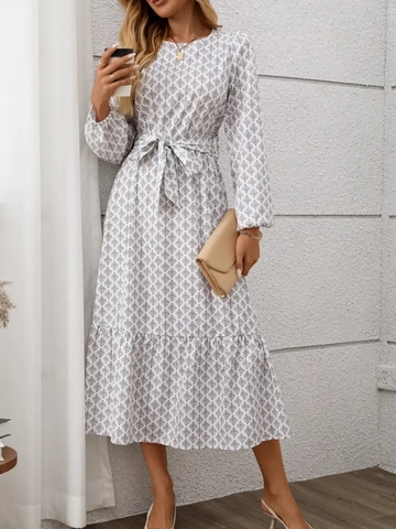 Elegante Maxi-Jurk Met Geometrische Print Polyester Lantaarnmouwen Riem Ruches Zoom Ronde Hals Boho Lange Jurk