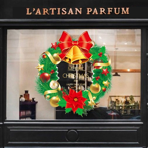 Christmas Wreath Window Clings Static PVC Sticker Reusable Glass Decals Merry Christmas Decor For Holiday Shop Display
