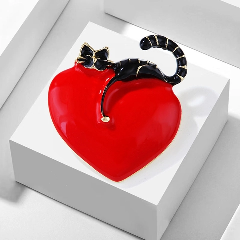 Spilla Gatto Nero Carino Cuore Rosso Pin Smalto Lega Distintivo Risvolto Animale Cartone Animato Accessori Abbigliamento Donna