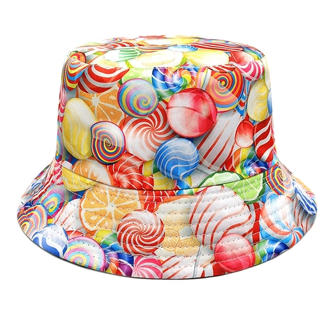 Vissershoed Omkeerbaar Kleurrijke Snoep Lolly Print Polyester Zonbescherming Buiten Reizen Mode Vintage Voor Dames