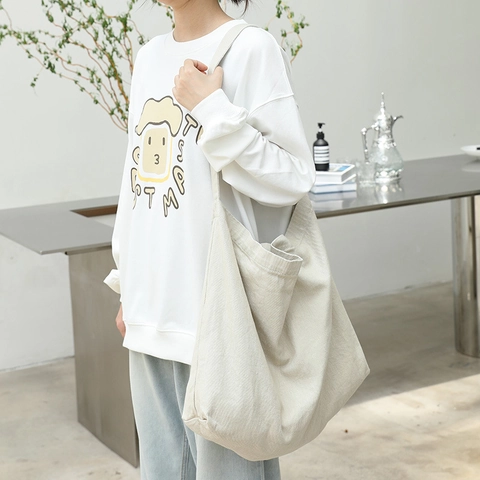 Large Capacity Canvas Crossbody Bag Solid Color Minimalist Daily Tote Handbag For Women Soft Hobo Shopper Casual Bag