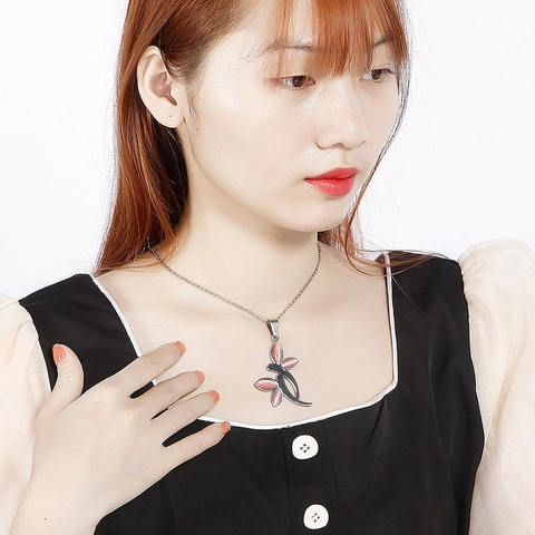 Collana Con Ciondolo E Orecchini Fiore Foglia Acciaio Inossidabile Pietra Occhio Di Gatto Rosa Bianco Strass Elegante Donne