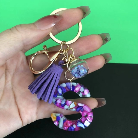 Portachiavi Alfabeto In Resina Con Nappa Viola Ciondolo Palla Stella Glitterata Anello In Metallo Dorato Ciondolo Borsa