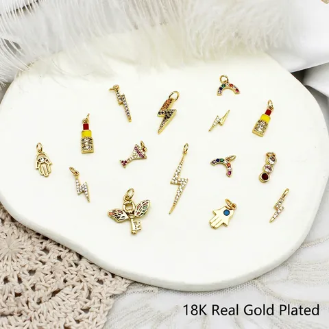 Ciondoli DIY In Rame Placcato Oro 18K Micro Pave Zirconia Fulmine Arcobaleno Rossetto Per Creazione Gioielli