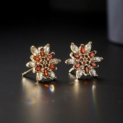 Colorful Flower Stud Earrings 18K Gold Plated Copper Cubic Zirconia High End Minimalist Geometric Jewelry For Women