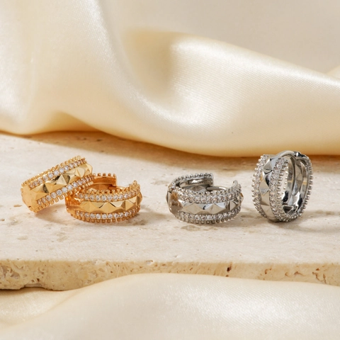 Orecchini a Cerchio Geometrici in Rame Zirconia Oro Argento Bicolore Moda Vintage Gioielli da Orecchio Per Donna
