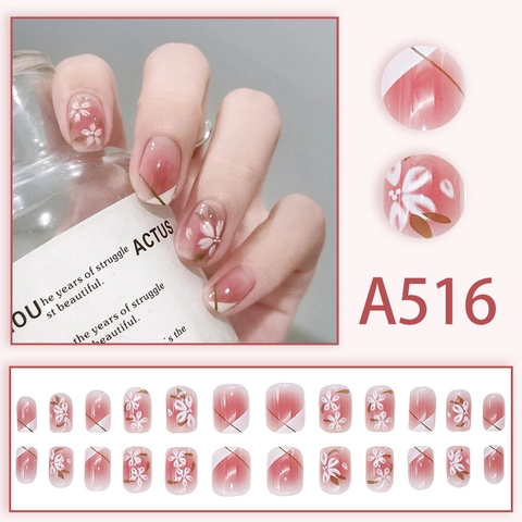 Unghie Finte Rosa Sfumato Motivo Floreale Stile Francese Corte Quadrate Arrotondate Unghie Artificiali Per Donne
