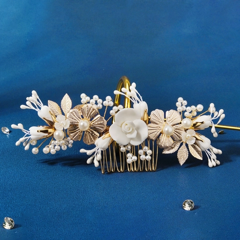 Elegante Peine De Pelo Para Novia Con Flores De Cerámica Hojas De Aleación Y Perlas Artificiales De Imitación Tocado De Boda Retro