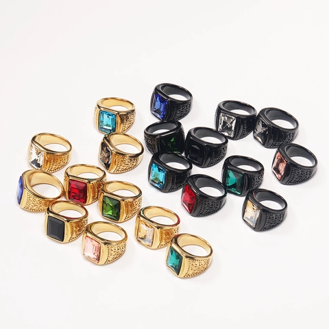 Men Vintage Stainless Steel Ring Large Rectangular Gemstone Embossed Leaf Pattern Retro Punk Jewelry Unisex Gift