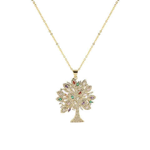 18K Gold Plated Copper Colorful Zircon Tree Of Life Butterfly Heart Pendant Necklace For Women Fashion Clavicle Chain