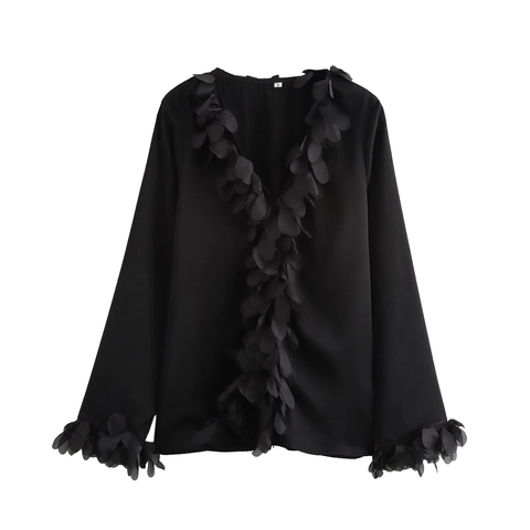 Elegante Dames Blouse Met V-Hals En Lange Mouwen Met 3D Bloemendecoratie Polyester Urban Style Top