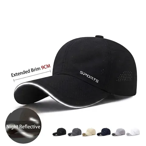 Baseball Cap Quick Dry Breathable Polyester Reflective Strip Long Brim Outdoor Sports Sun Protection Adjustable Men Women