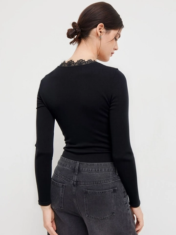 Sexy Rippstrick Body Damen Langarm Spitzenbesatz V Ausschnitt Ausschnitt Twist Vorne Slim Fit Solid Schwarz Elegante Oberteile