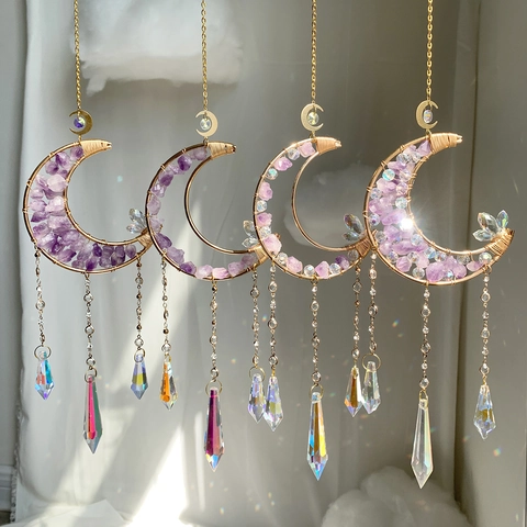 Moon Crystal Suncatcher Amethyst Hanging Ornament Metal Wire Handmade Rainbow Maker Garden Window Decor Bohemian