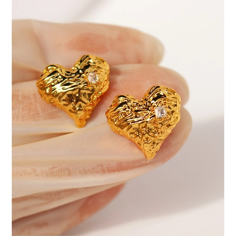 Messing Herz Ohrstecker Mit Geschmolzener Textur Zirkonia 925 Sterlingsilber Stift Irreguläre Herz Schmuck Für Damen