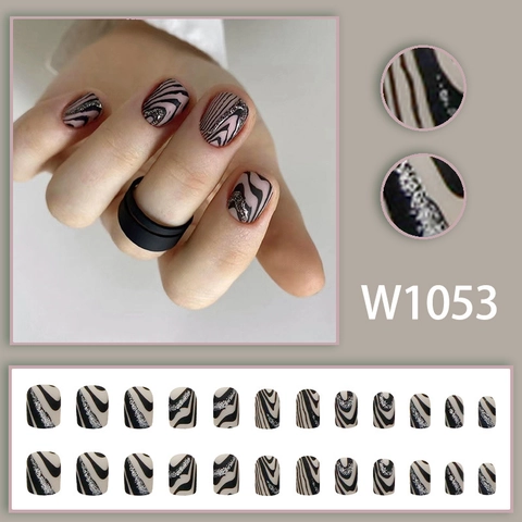 Uñas Postizas Mate Con Diseño De Ondas Negras Y Purpurina Plateada Estilo Ins Elegante Para Mujeres