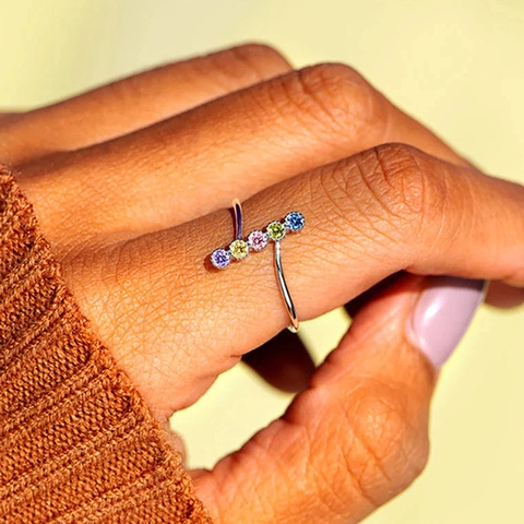 Adjustable Open Ring Copper Colorful Cubic Zirconia Geometric Round Multi Color Gemstone Jewelry For Women